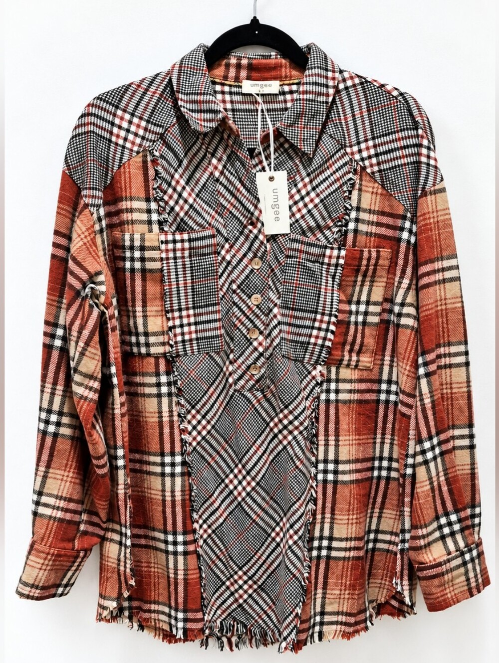 Umgee Mixed Plaid Patchwork quarter-button pullover Flannel – XL & 1X